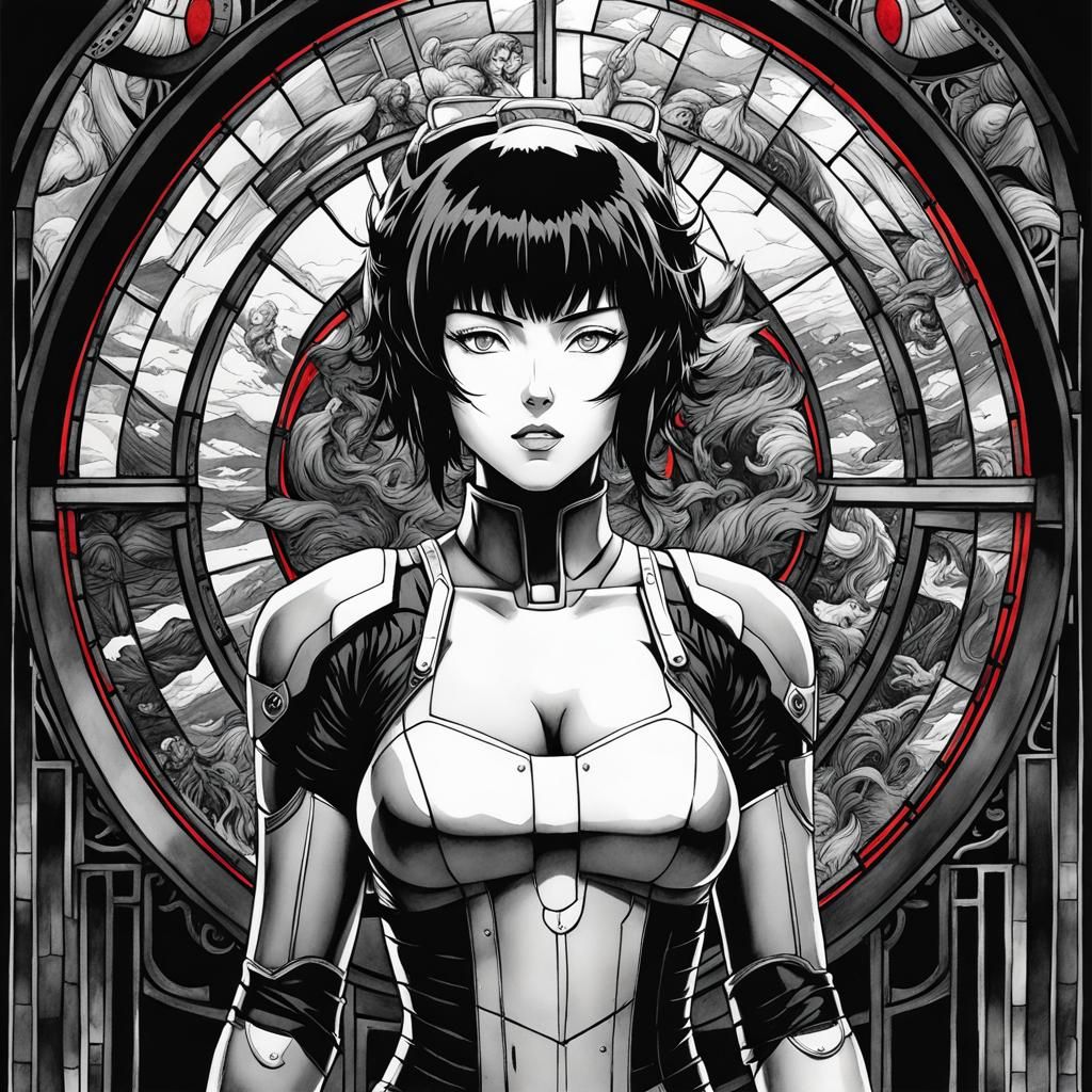 Monochrome Watercolor of Motoko Kusanagi in Cyberpunk Style