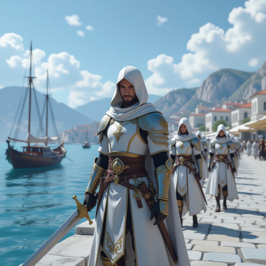 Templar Knights in a Greek Port, 3D Anime Art Style