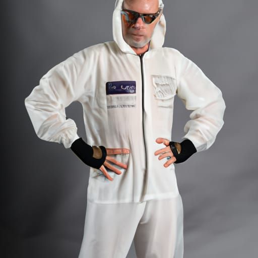 45 year old bald chemistry teacher with glasses in a biosuit