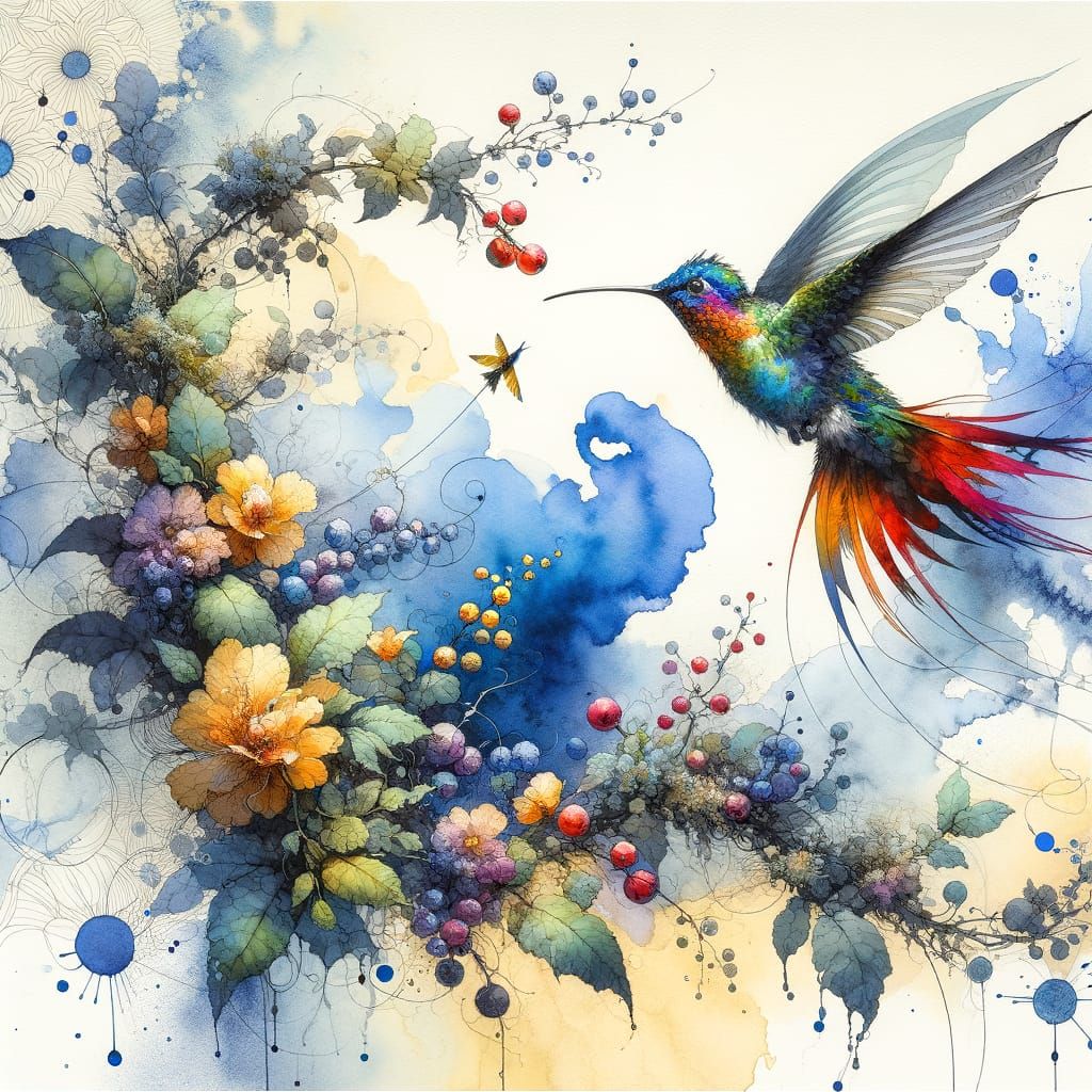 Whimsical Hummingbird in Flight, Fantasy Artwork