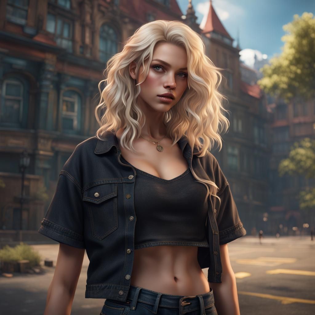 Blonde Girl in Crop Top: Detailed Matte Painting