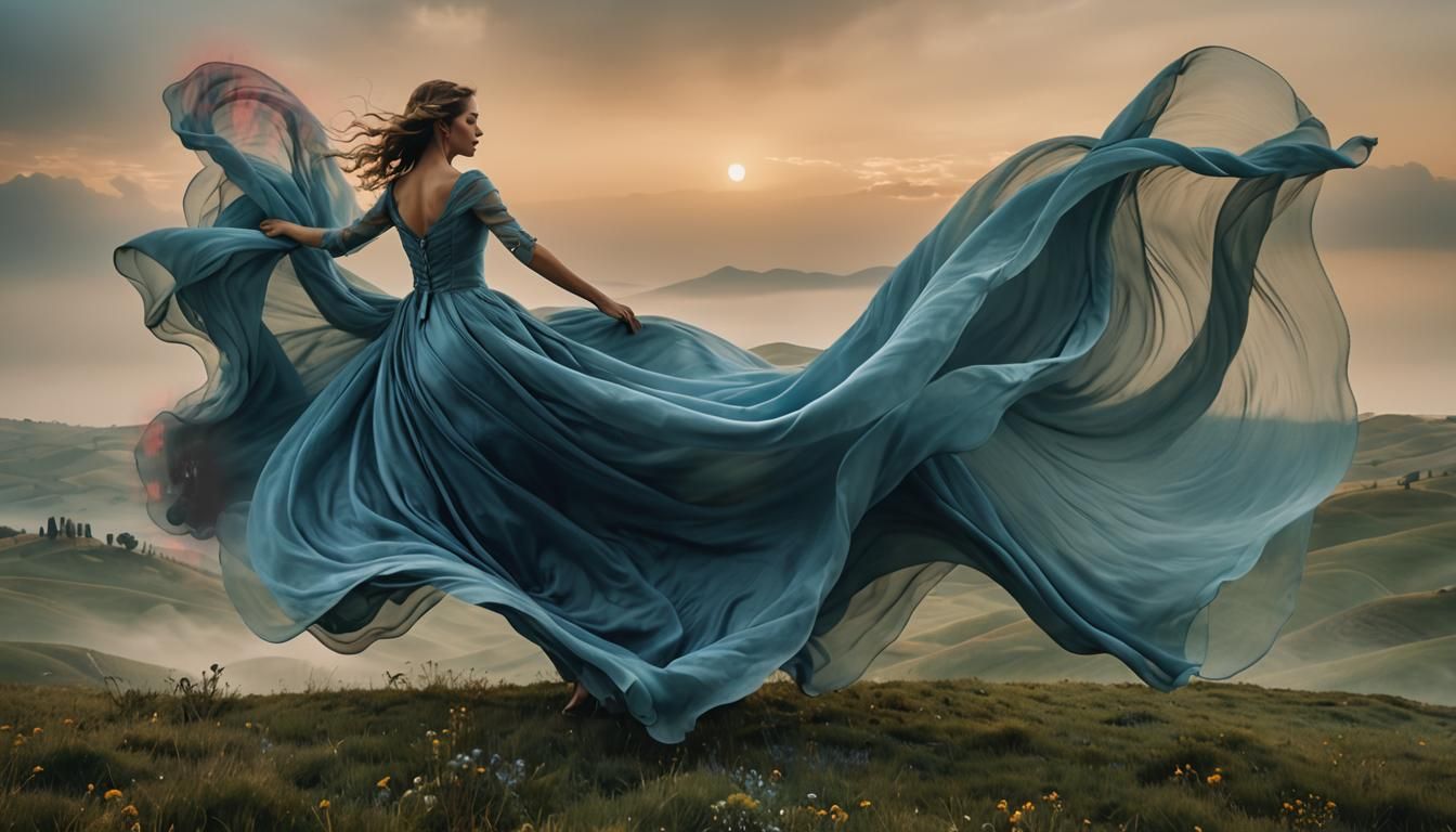 Dreamlike Surrealism: Woman in Ethereal Blue Landscape