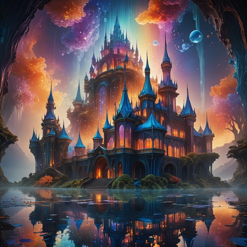 Rainbow Glass Palace on Iridescent Lake: Digital Matte Paint...