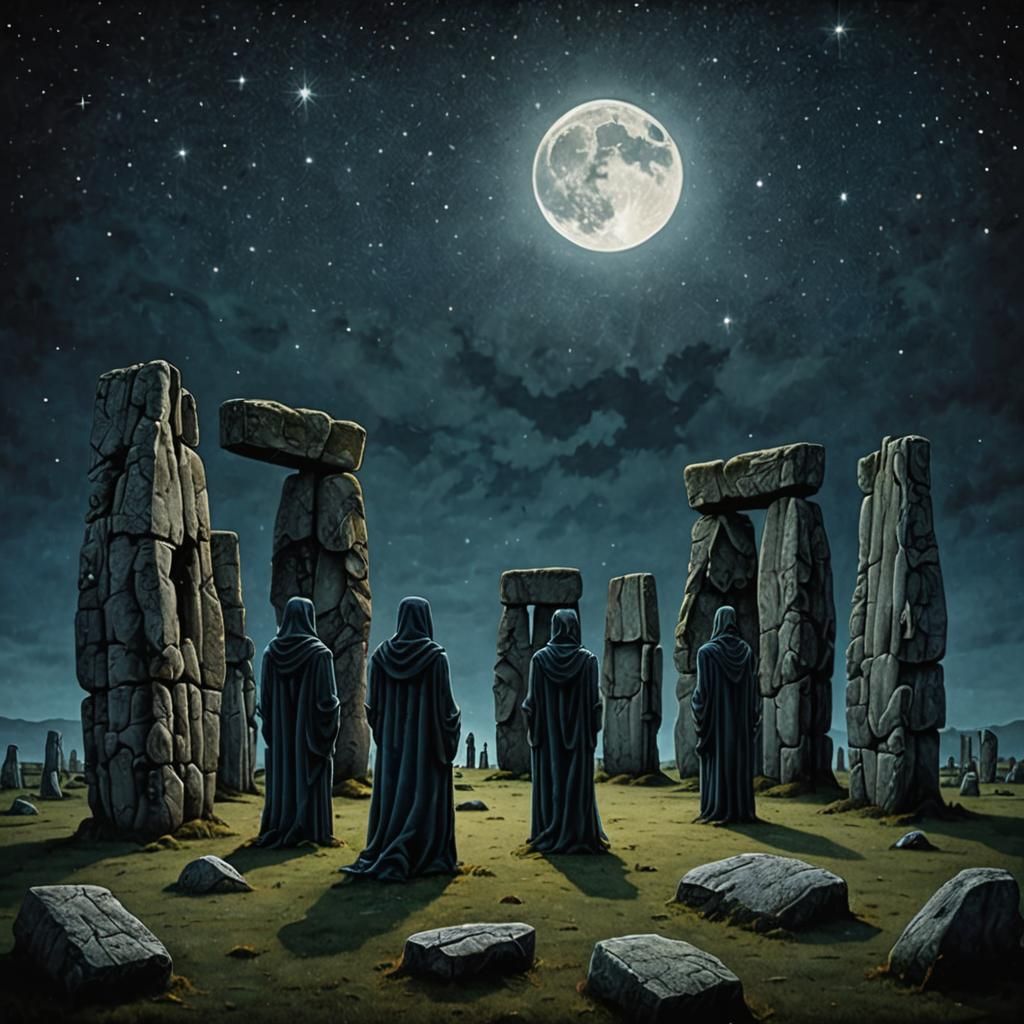 Mysterious Robed Figures at Stonehenge in Moonlight