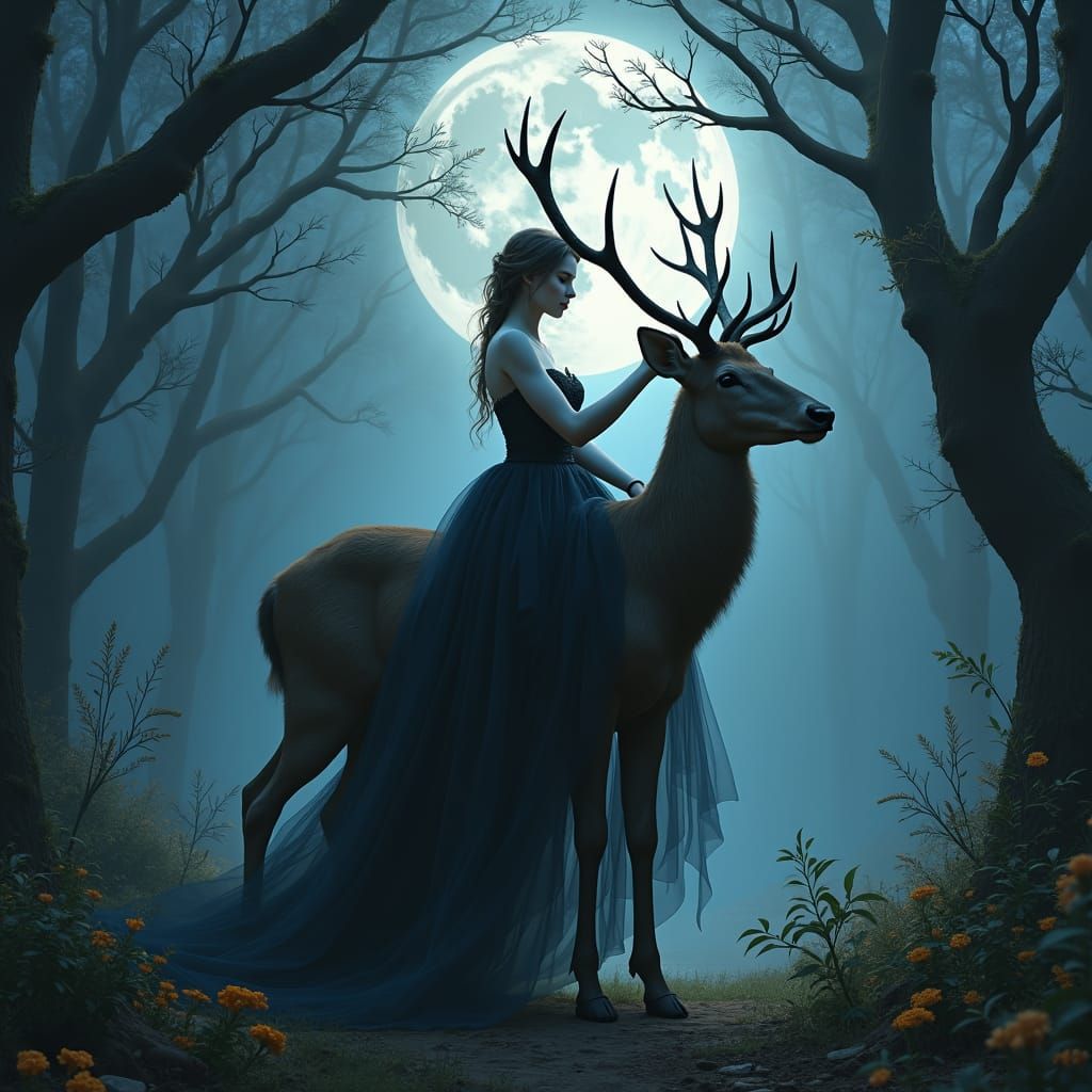 Ethereal Maiden Rides Deer in Moonlit Forest