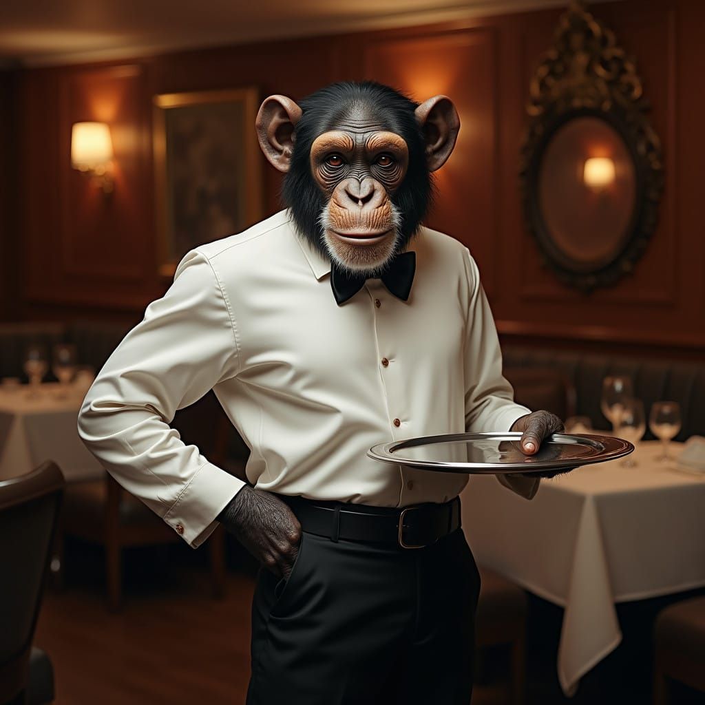 Hyperrealist Chimpanzee Waiter in Elegant Restaurant