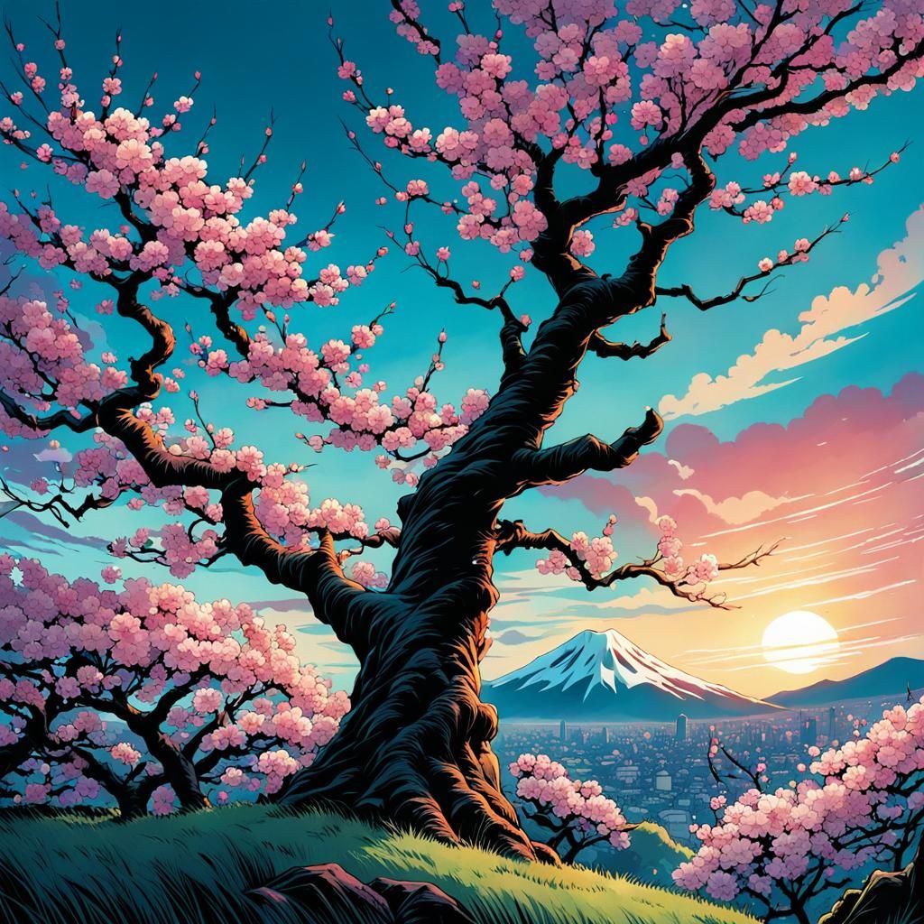 Japanese Cherry Blossoms in Comic Book Art Style