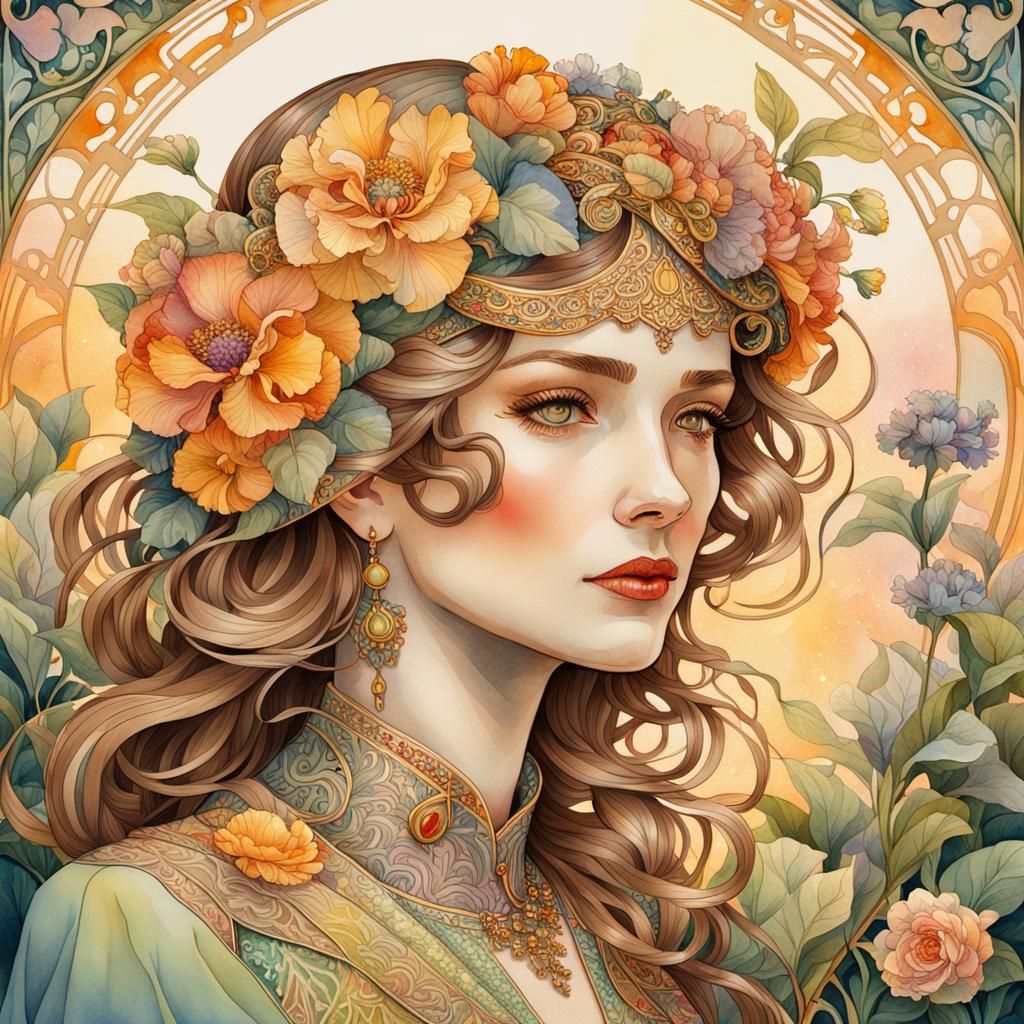 Art Nouveau Woman in Lush Garden Watercolor