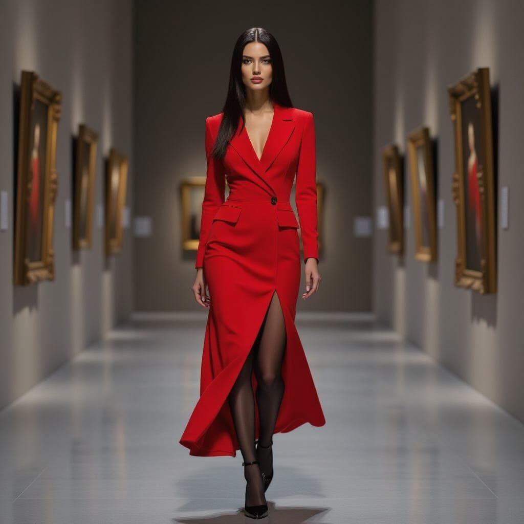 Elegant Woman in Red Dress Striding Through Art Gallery