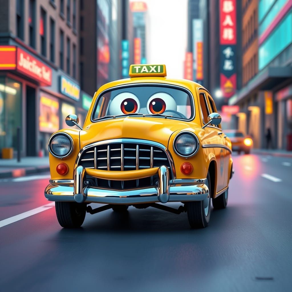 Anthropomorphic Taxi Cruises Pixar-Style City Street
