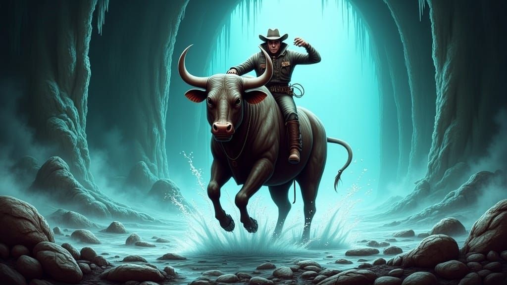 Cowboy Rides Bull in Watery Cavern, Digital Art