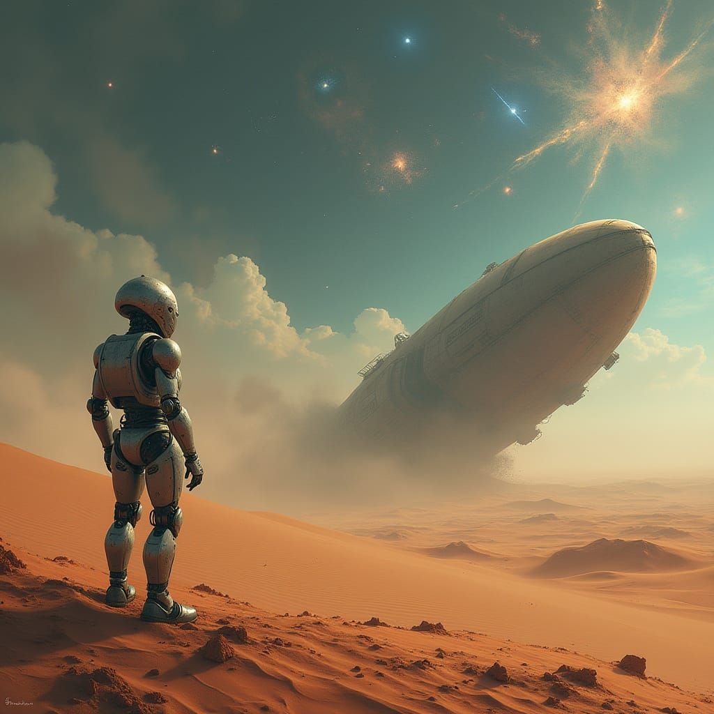 Lone Android in Alien Desert with Nebulae Sky