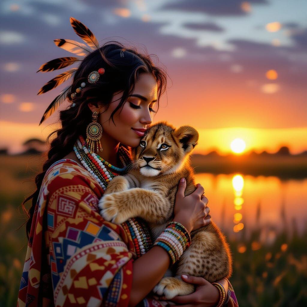 Native Woman with Lion Cub at Savannah Sunrise