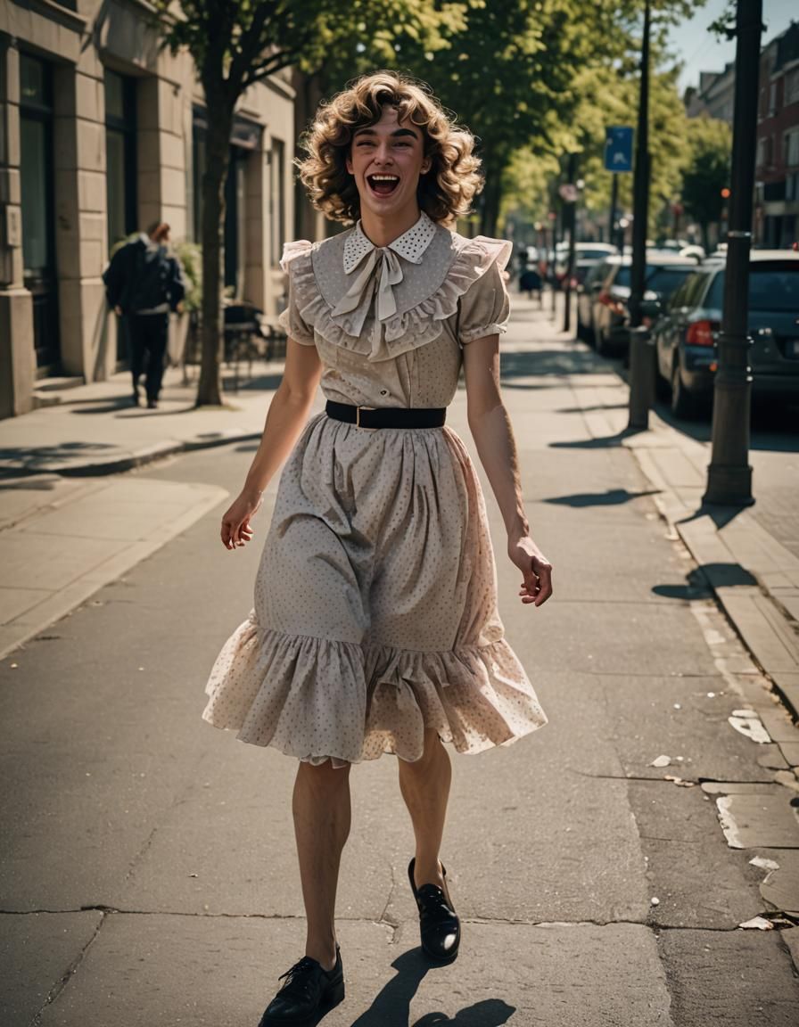 Boy in Polka Dot Dress: Cinematic Film Still