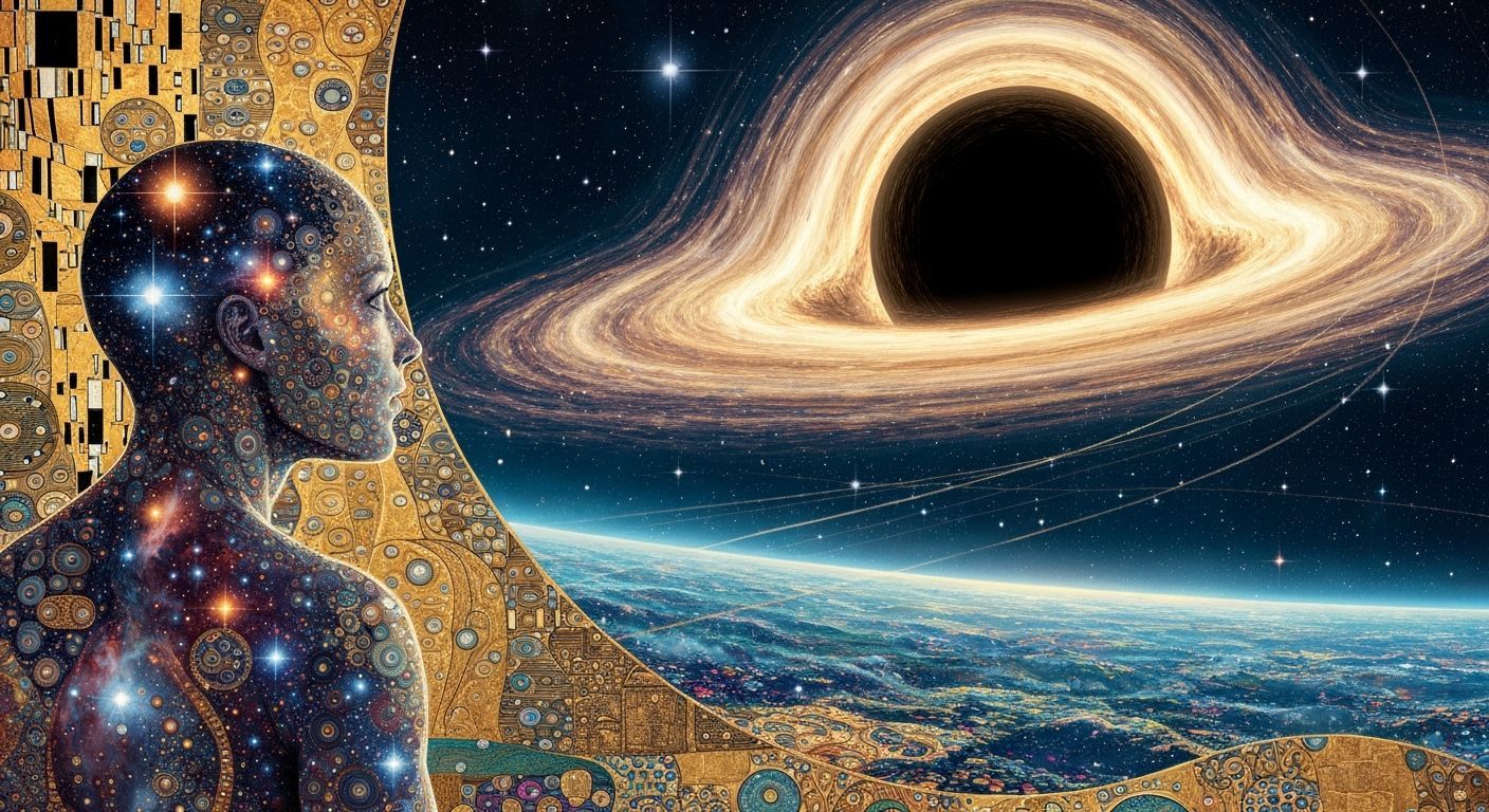 Cosmic Being Witnesses Black Hole in Klimt-Max Style