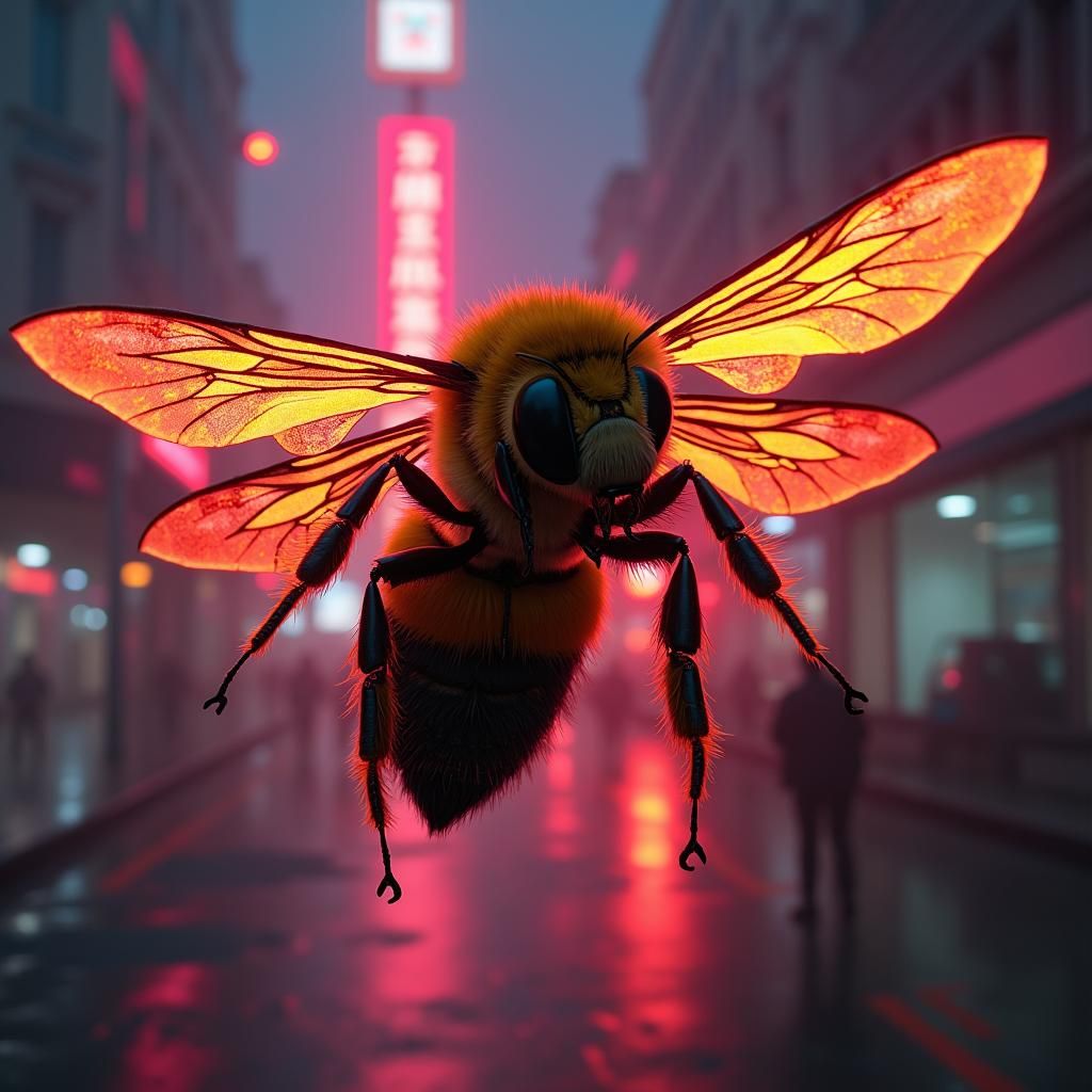 Cyberpunk Bee Flying Through Neon Hellscape