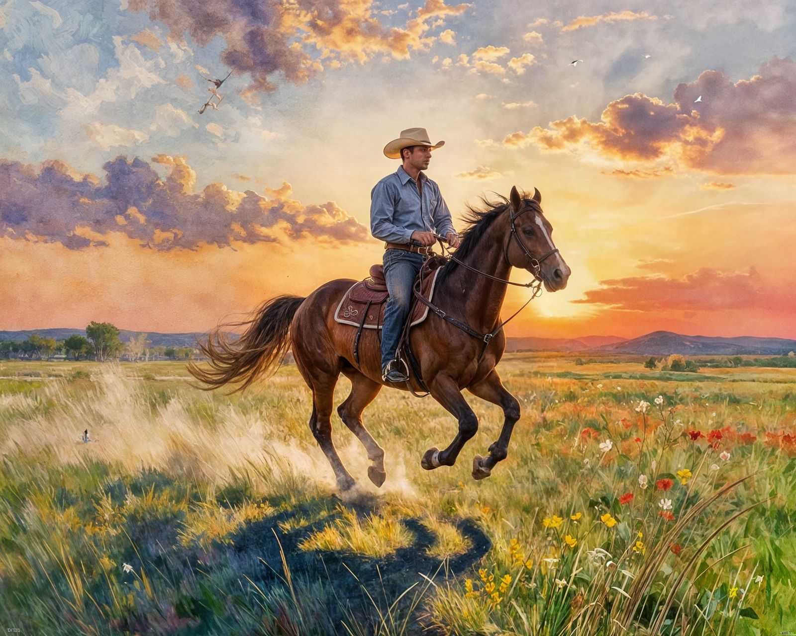 Cowboy Rides Through Prairie at Sunset in Watercolor Style