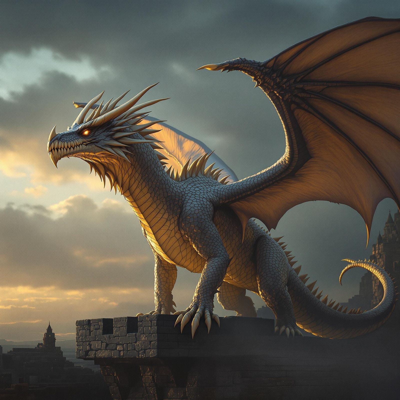 Golden Dragon with Triceratops Head on Castle