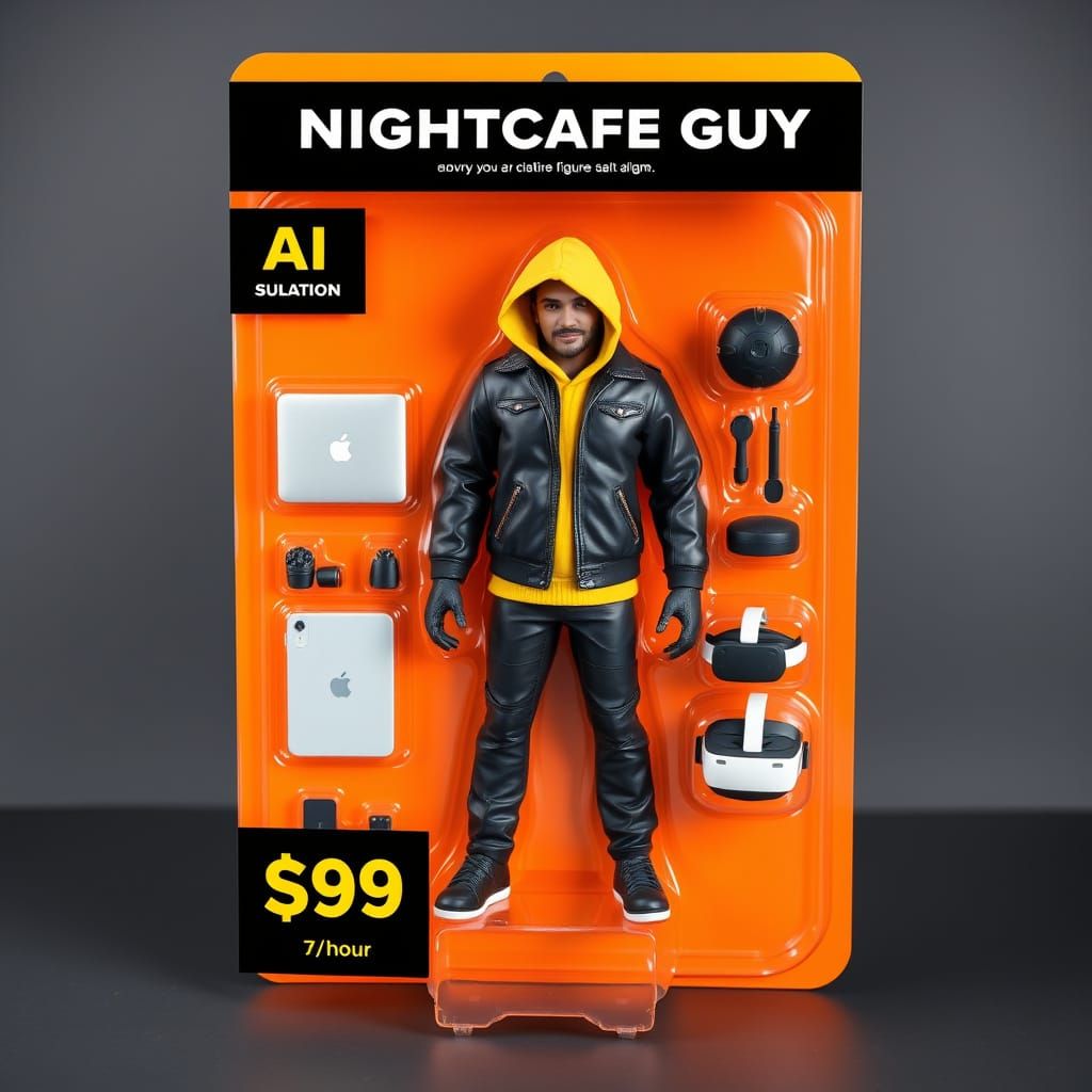 Toy-Style Action Figure Packaging Mockup in Neon-Lit Night C...