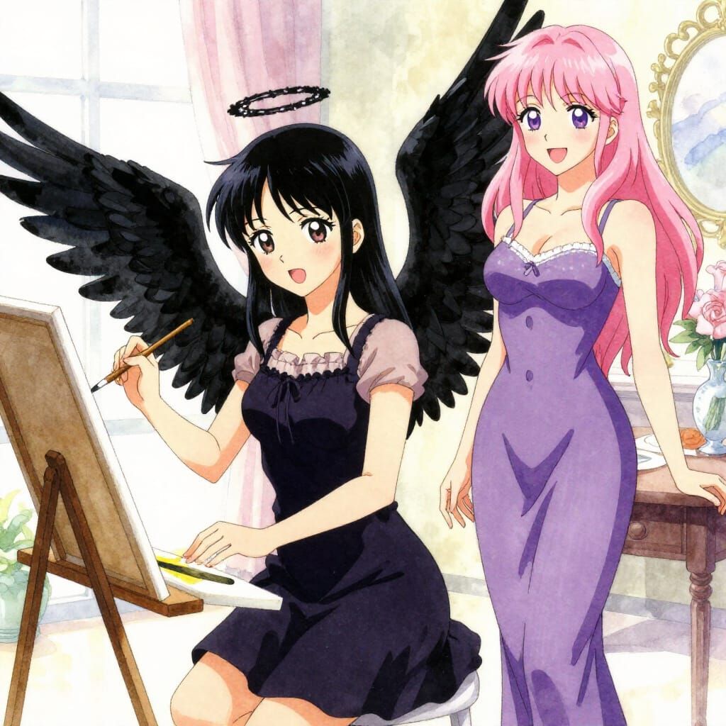 Anime Angels Painting Together in Studio