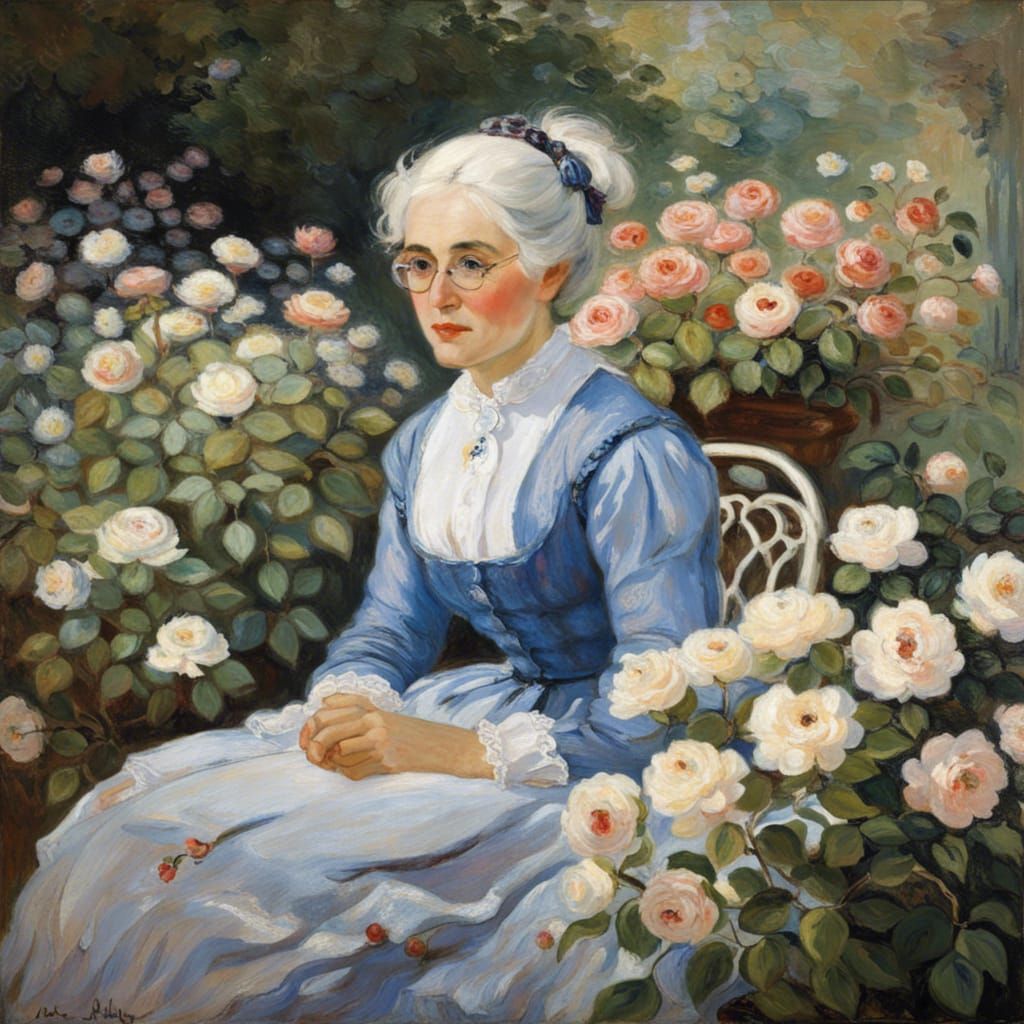 Impressionist Portrait of Woman in Rose Garden