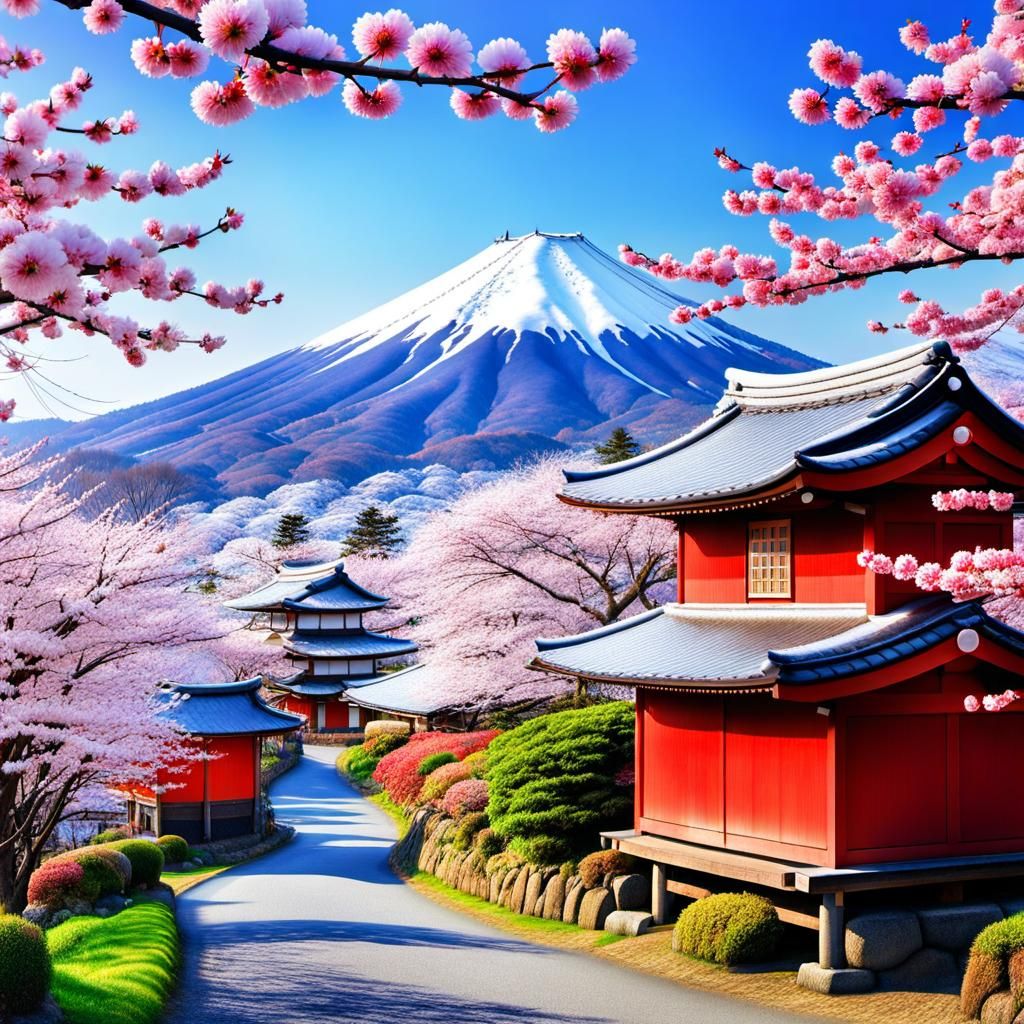 Spring's Arrival in Japan: Hyperrealistic Countryside Scene