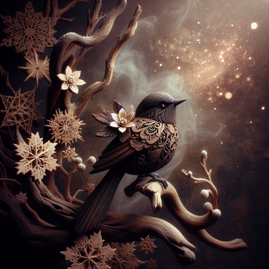 Ethereal Wooden Songbird in Dark Brown Woodland