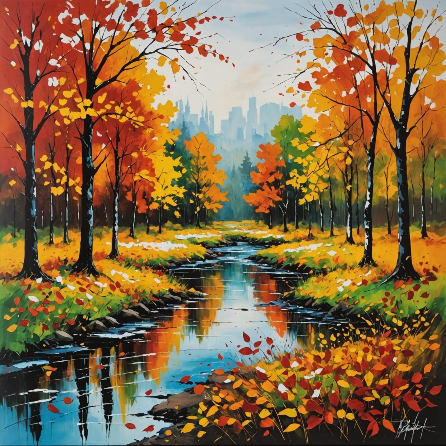 Vibrant Autumn Scene in Action Painting Style
