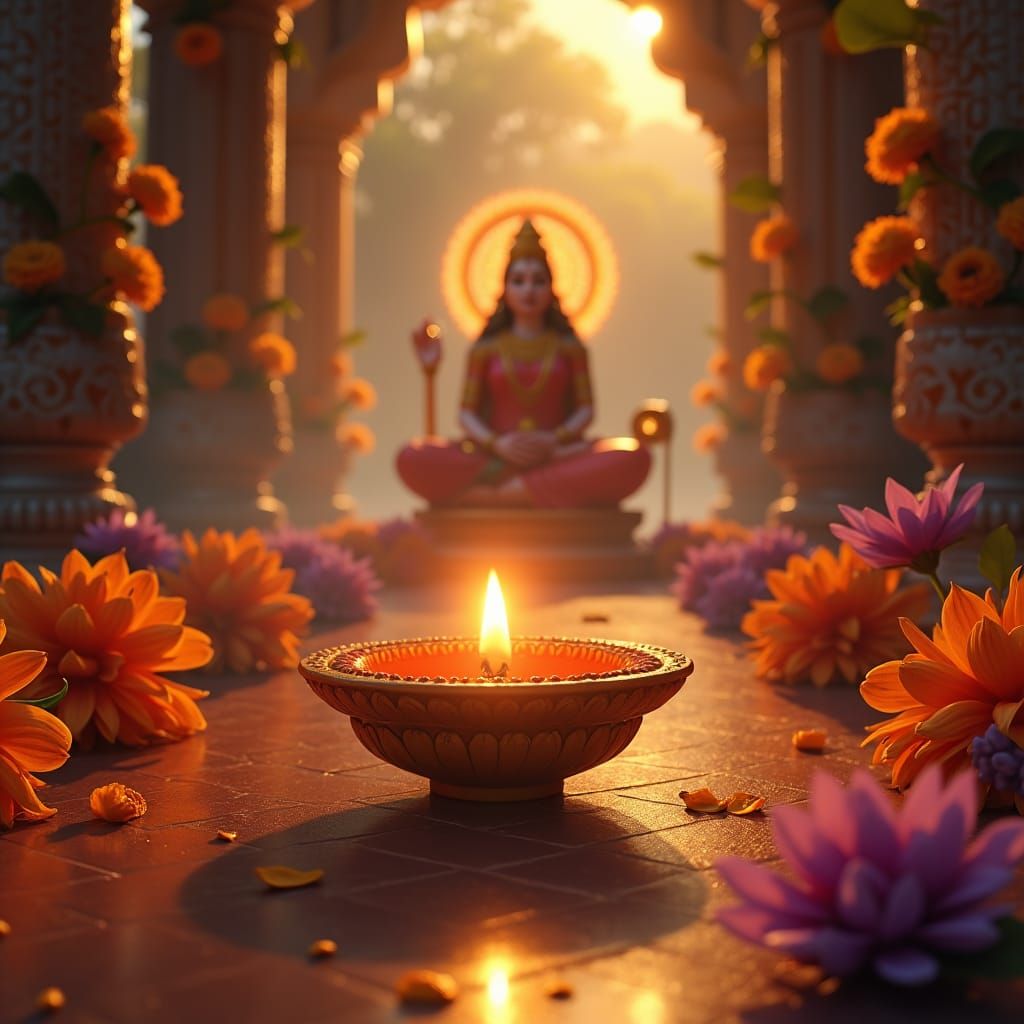Goddess Laxmi Diya in Ornate Hindu Temple