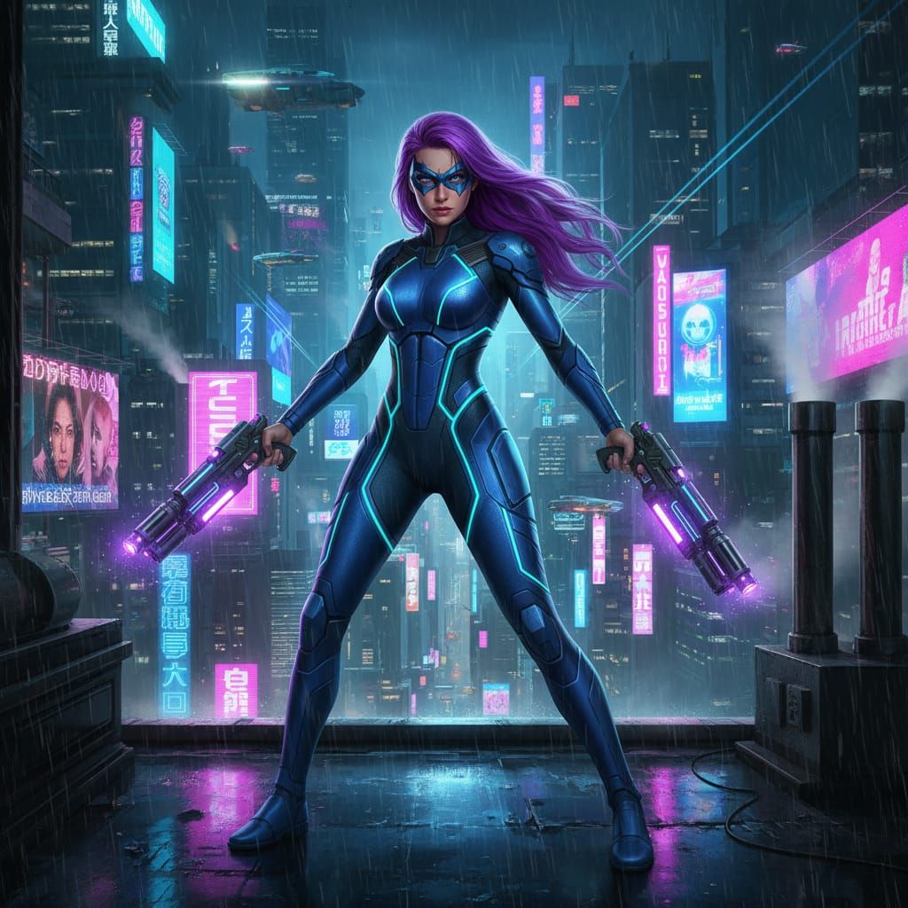 Purple-Haired Superheroine in Cyberpunk City with Guns