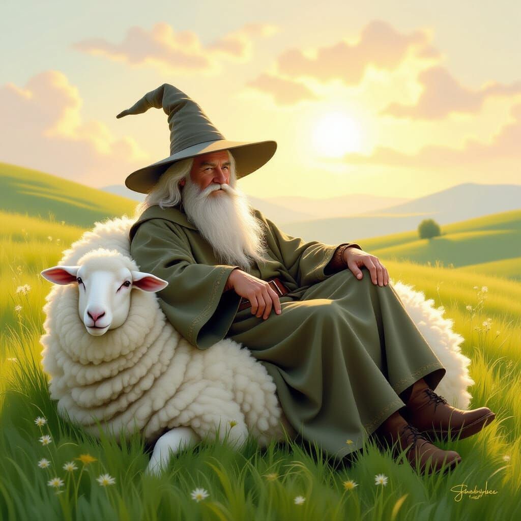 Gandalf Rests in Meadow, Alan Lee Style