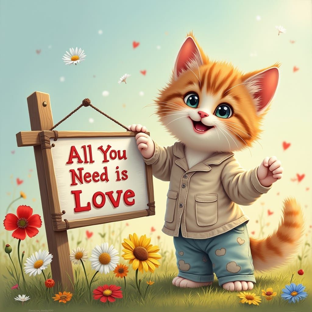 Fluffy Kitten in Pajamas with Love Sign