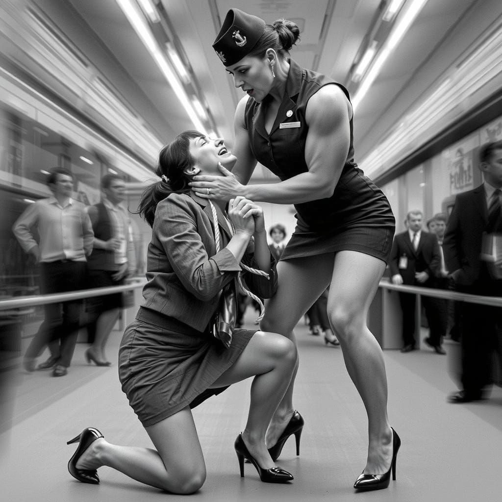 Victorious Secretary with Flight Attendant in Dramatic Light...