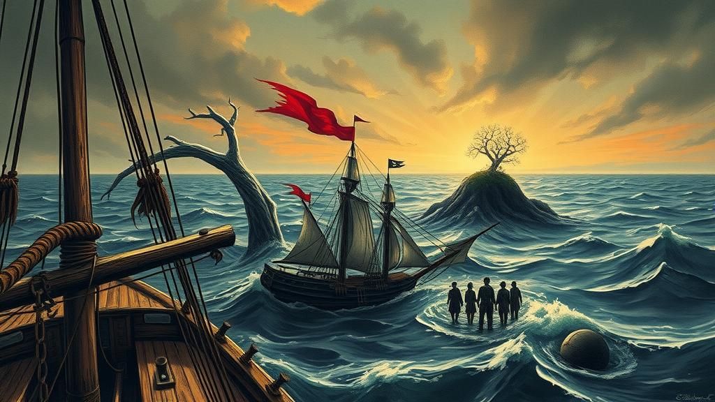 Pirate Island with Docked Ship and Drunken Pirates