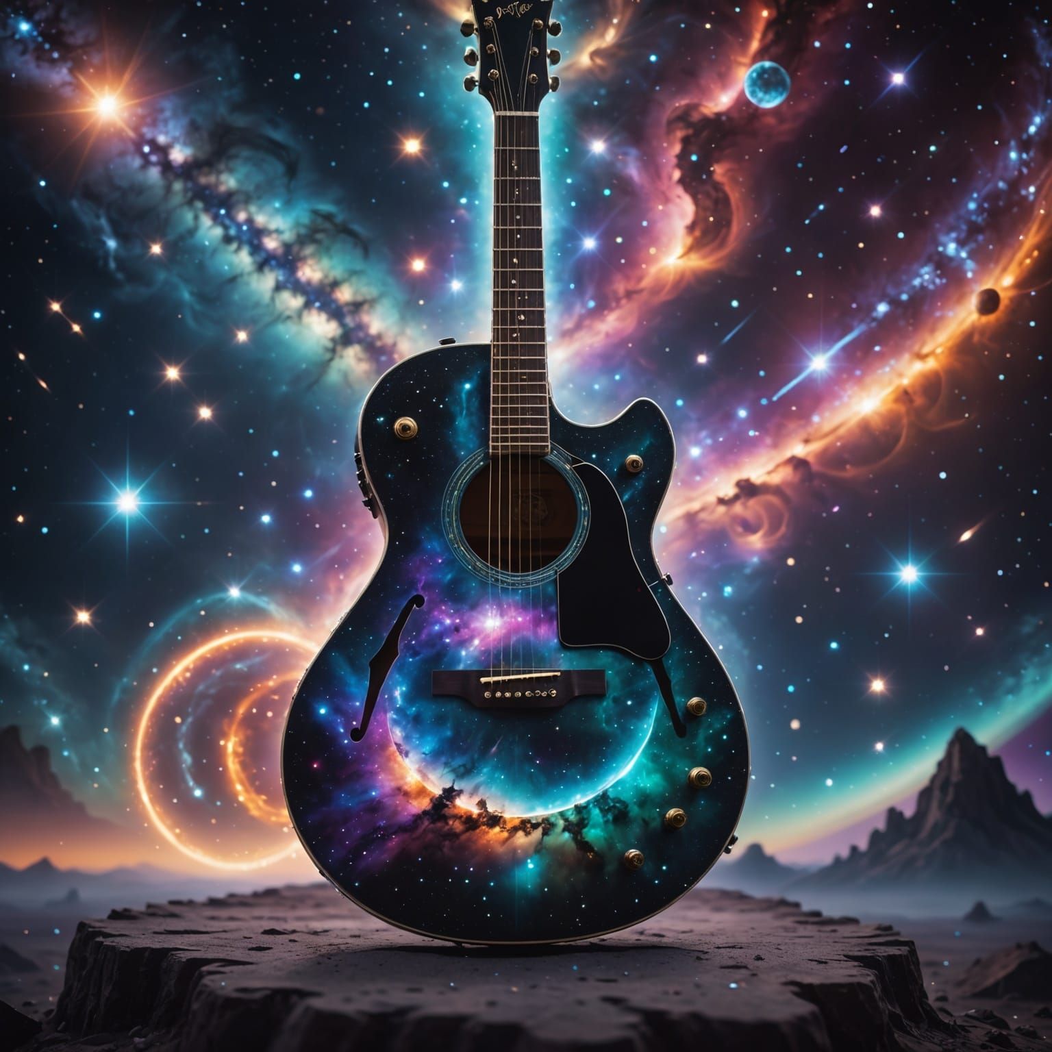 Crystalline Guitar Floating in Cosmic Nebula
