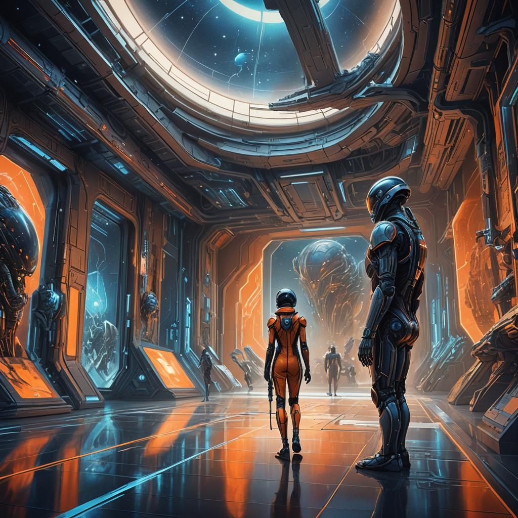 Futuristic Artist Drawing in Modern Museum