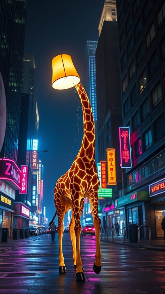 Ethereal Lamp-Giraffe Roams Cityscape at Night