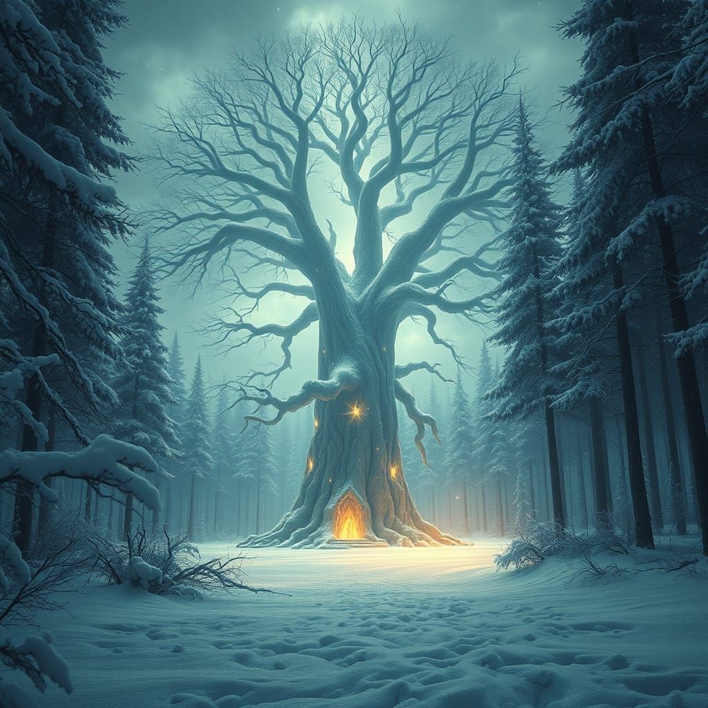 Ethereal Winter Solstice Scene with Glowing Tree in Snowy Fo...