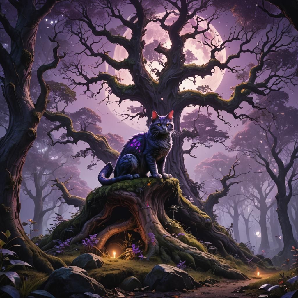 Cat Dragon in Mystical Forest Under Purple Moon