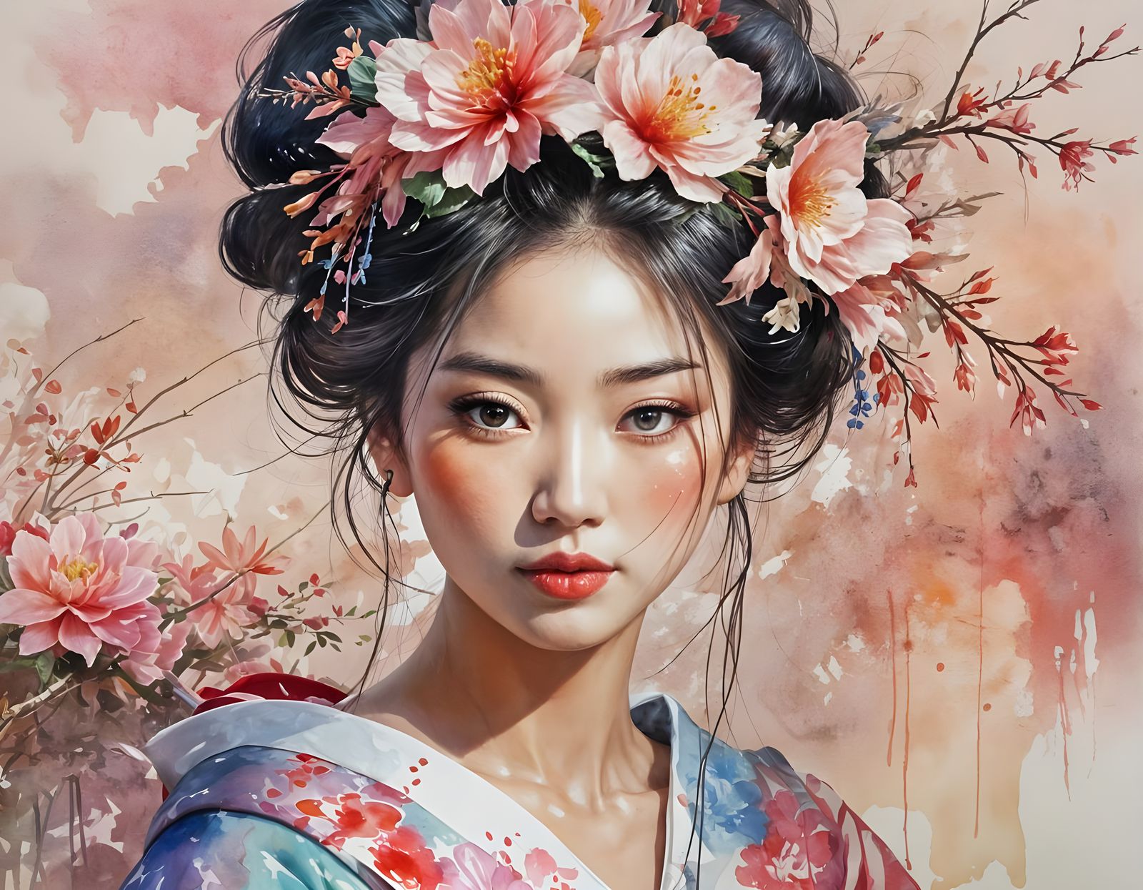 Elegant Geisha Portrait in Watercolor Style