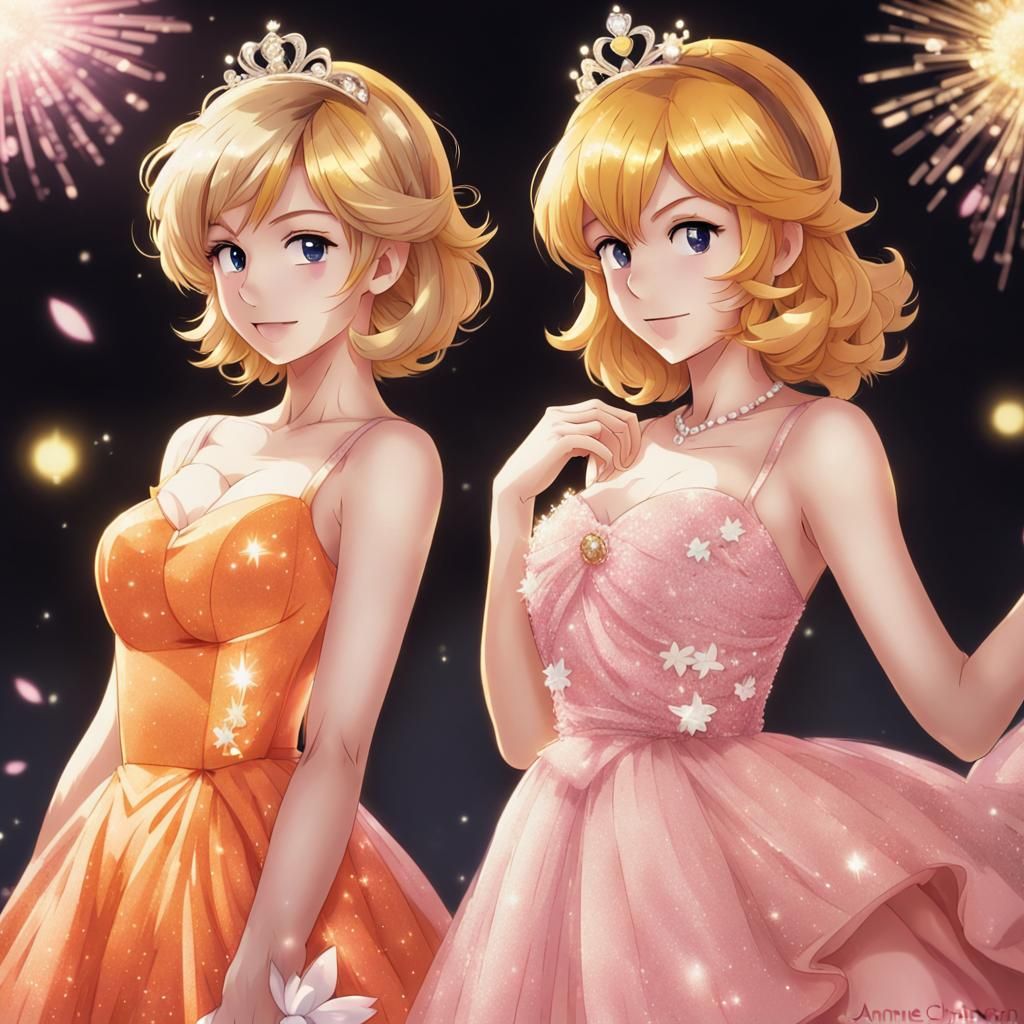 Princess peach yellow blonde hair in a pink sparkly dress pr...