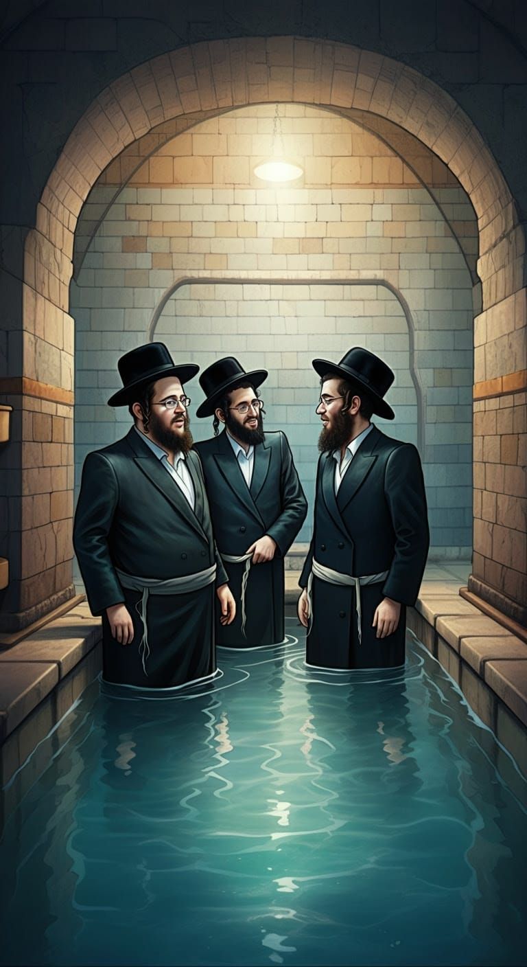 Chassidic Men in Mikvah: Comic Book Illustration