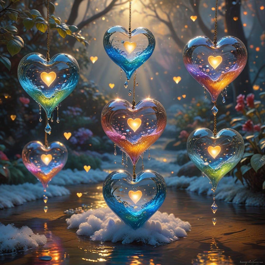 Ethereal Glass Hearts Floating in Surreal Mist
