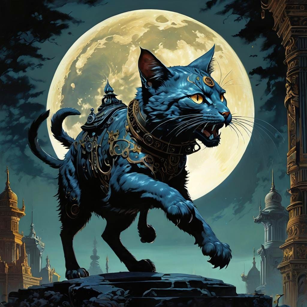Clockwork Cat Leaping Under Full Moon, Surreal Oil Painting