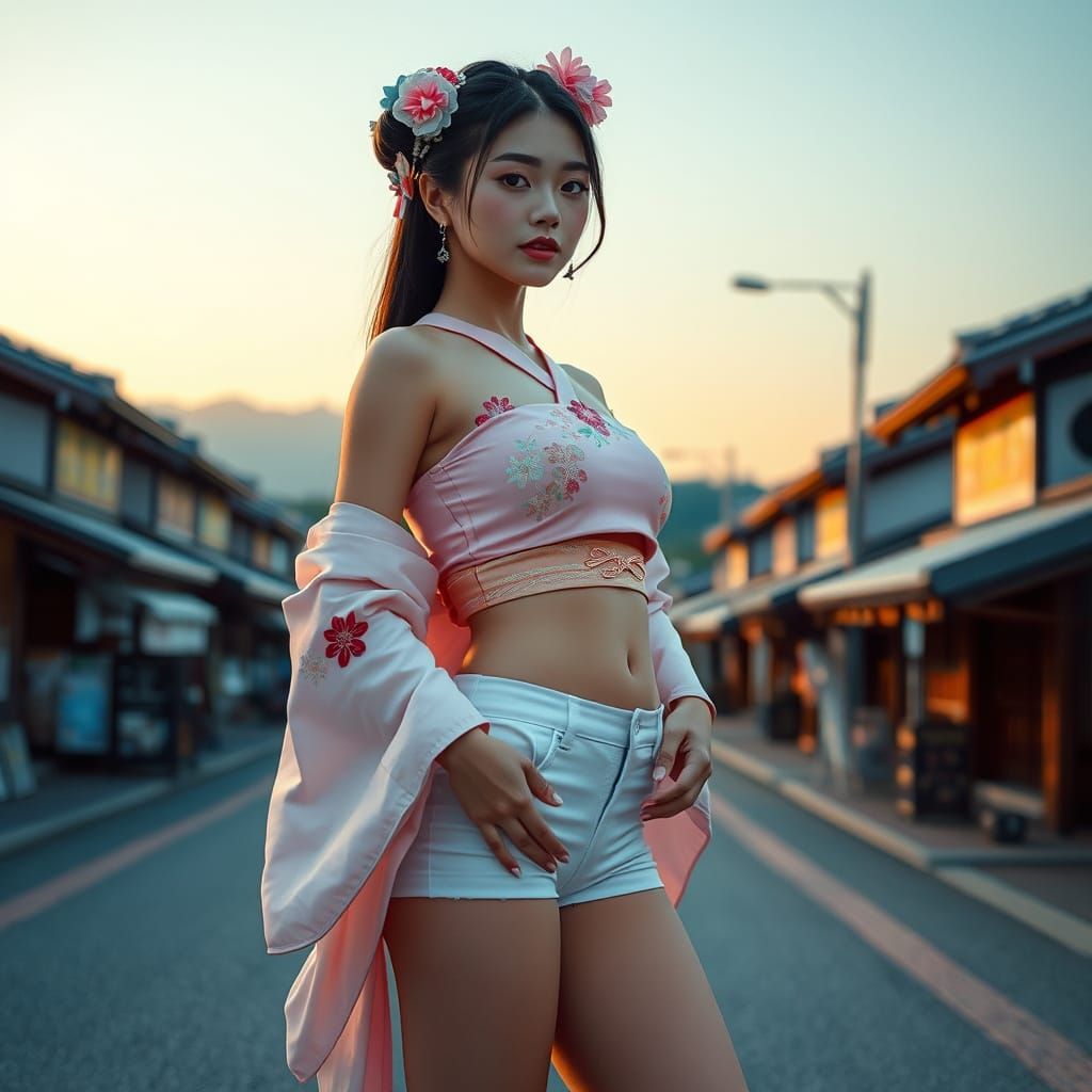 Geisha in Modern Dress Under Kyoto Sky