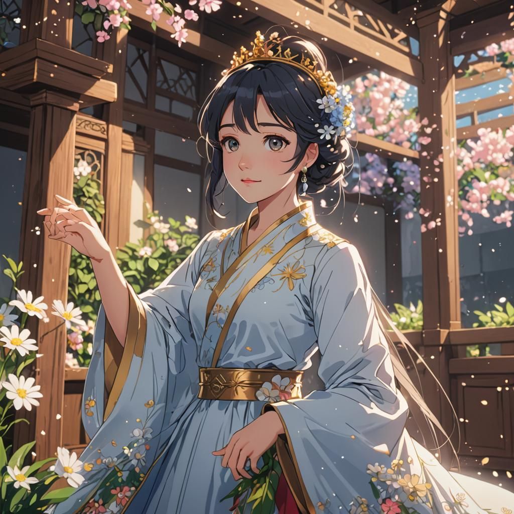 Anime Princess with Sparkling Eyes and Flowers