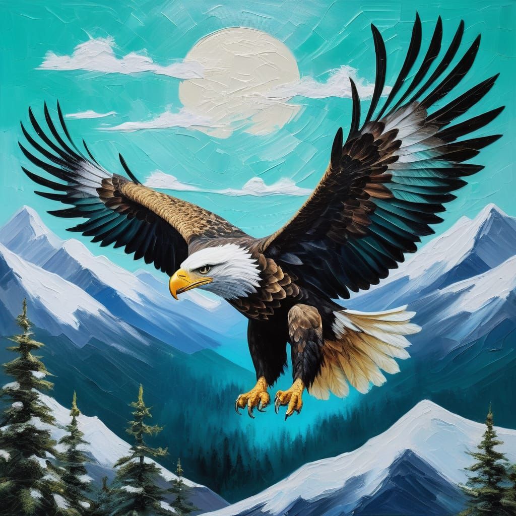 Majestic Eagle Soaring, Impasto Oil Painting