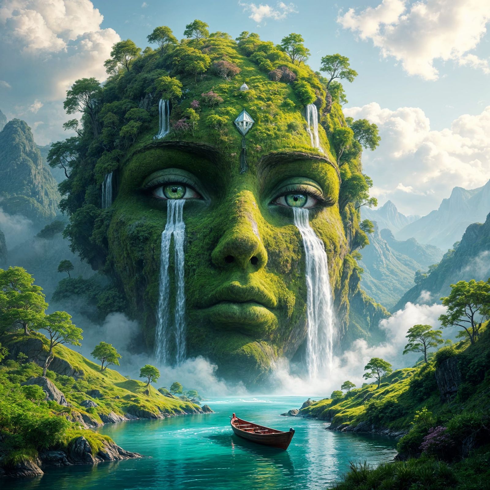 Gaia's Face: Lush Landscape Surrealism