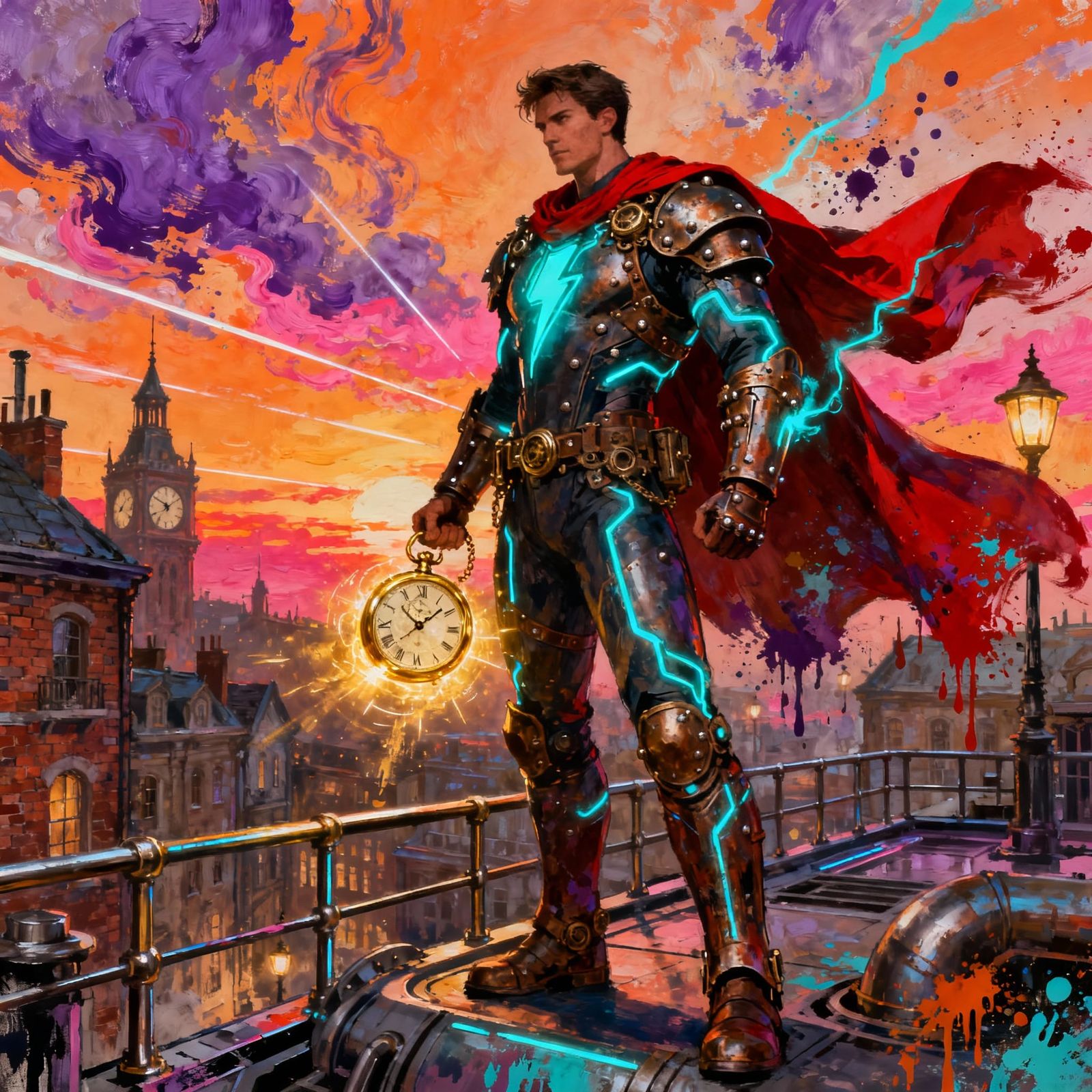 Time-Traveling Hero in Steampunk Armor at Sunset