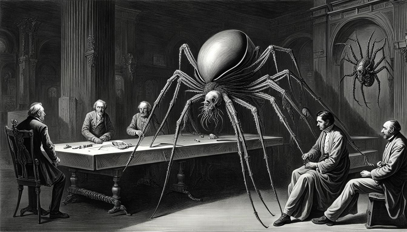 Biomechanical Spider Dissection in Horror Art Style